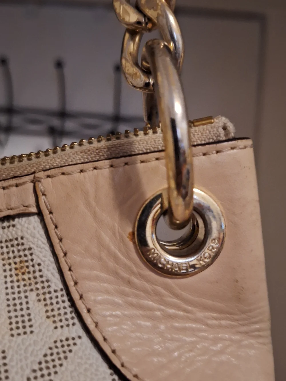 Michael Kors Beige and Tan MK Logo Shoulder Bag with Gold Hardware